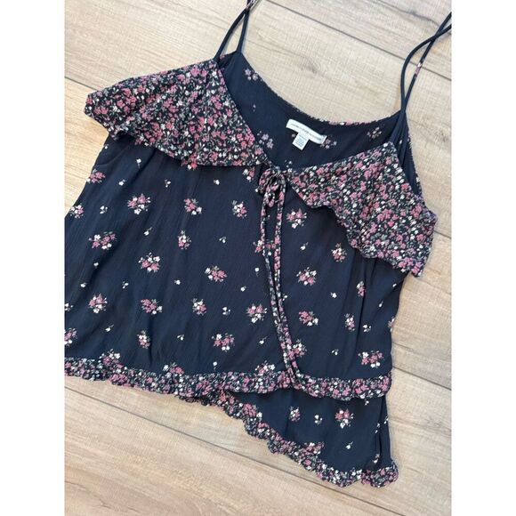 American Eagle Black Viscose Tank Top M Medium Floral Layered Tank Women’s - Picture 2 of 2